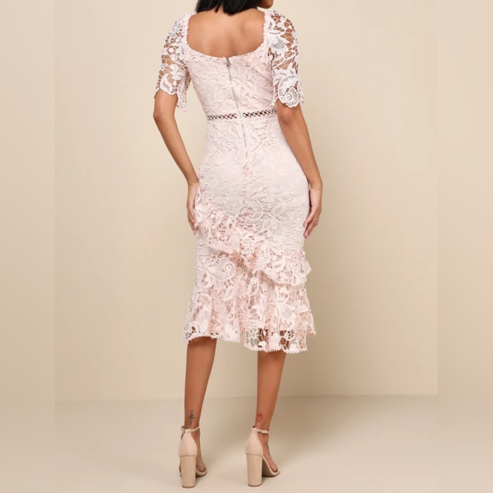 Lulus Briarwood Blush Pink Lace Short-Sleeve Trumpet Hem Ruffled Midi Dress - Picture 4 of 17